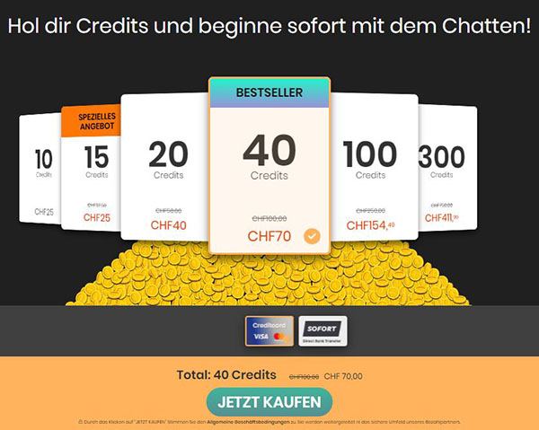 TransRomance bietet Coin-Pläne von 25 CHF bis 154,49 CHF für spezielle Dienste, zahlbar per Kreditkarte, Klarna und SEPA-Einzug.
